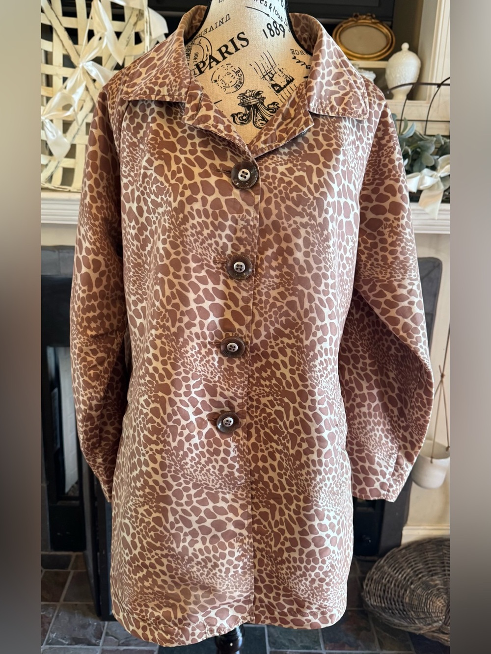 UBU Leopard or Giraffe Print Rain Jacket Button Front Inverted Pleat Back Small
